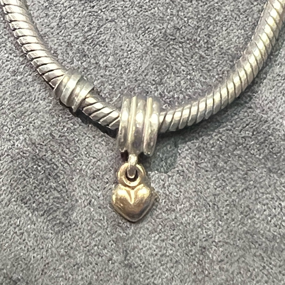 Authentic Pandora Sterling Silver & 14k Gold Heart Dangle Charm Bead - Picture 2 of 4